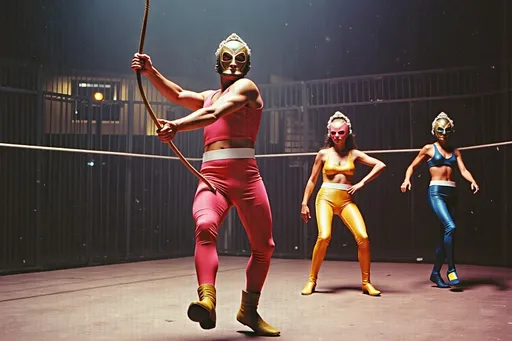 Prompt: masked male and female  luchadores wrestlers in a vintage 1950 jail outdoor court scene, playing a big band swing band in 1950s swing style suits. wearing 1950s fashion made of corn, Lomography 