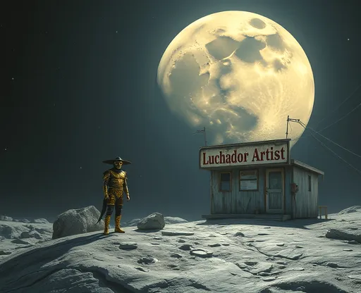 Prompt: a moon landscape with on lonely masked luchador (in a full sparkly luchador costume) on the horizon- one lonely building  with a  vintage and dirty sign on the roof  the says- correctly spelling "Luchador Artist" in the distance on surface of the moon itself , far away a planet floating in the background.