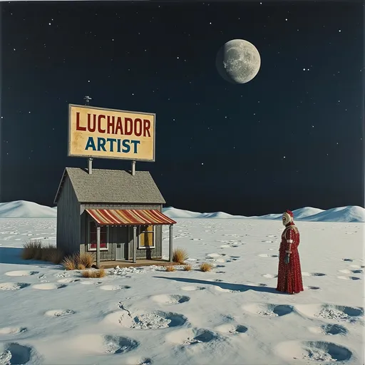 Prompt:   a moon landscape with on lonely masked luchador (in a full sparkly luchador costume) on the horizon- one lonely building  with a  vintage and dirty sign on the roof  the says- correctly spelling "Luchador Artist" in the distance on surface of the moon itself , far away a planet floating in the background.