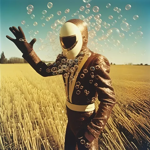 Prompt: <mymodel>  photo , film  luchador fighter dressed in dark brown   and gold and white sparkly fur  jacket and mask and bodysuit blowing magic bubble in a field , faded photo, light leak, film burn, flash ,fish eye lens, wide lens, 8m"m lens, lens flare, polaroid, high contrast, low angle