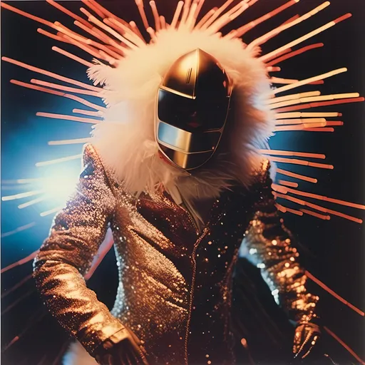 Prompt: <mymodel>  photo , film , flash .
night shot, flash luchador fighter dressed in  merlot and gold and white sparkly fur  jacket and mask and bodysuit spitting fire , faded photo, light leak, film burn, flash ,fish eye lens, wide lens, 8m"m lens, lens flare, polaroid, high contrast, low angle