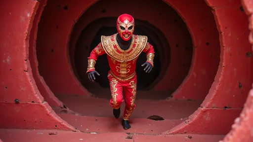 Prompt:  masked luchador (in a full sparkly luchador costume) running down a never-ending spiral staircase 