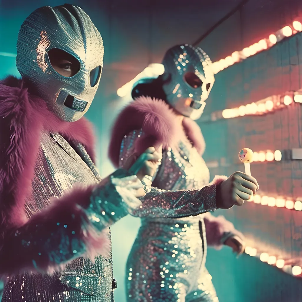 Prompt: <mymodel> female and older luchador fighter dressed in silver and merlot sparkly fur  jacket and mask and bodysuit playing darts , faded photo, light leak, film burn ,fish eye lens, wide lens, 8m"m lens, lens flare