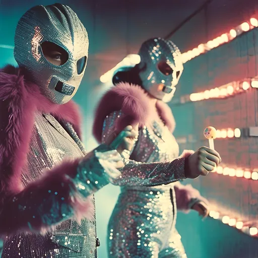 Prompt: <mymodel> female and older luchador fighter dressed in silver and merlot sparkly fur  jacket and mask and bodysuit playing darts , faded photo, light leak, film burn ,fish eye lens, wide lens, 8m"m lens, lens flare