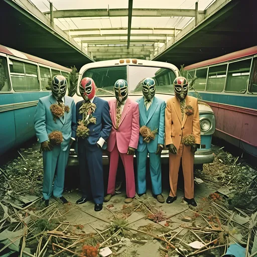 Prompt: <mymodel>  photo , film 
sparkly masked luchador fighters  in an abandon mid century bus station  with a lot of dead plants, faded photo, light leak, film burn , fisheye, flash photography 

