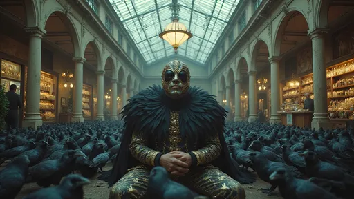 Prompt: a cinematic longshot scene taking place in a vintage atrium full with hundreds of  ravens . a luchador siting alone in the store (he is wearing very elaborate luchador costume with jewels and feathers with full face luchador mask).  Ekta chrome photograph, a colorized photo, low-fidelity dreamy aesthetic, flare, analog photography 