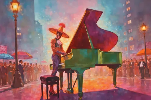 Prompt: masked luchador (dressed in full luchador costume with mask and sparkly details) in colorful, sparkly costume and mask, standing on top of a colorful  grand piano in the middle of the futuristic city , whimsical atmosphere, playful and lively, ultra-detailed, HD, , surreal and fun setting, capturing a magical moment of playfulness and nostalgia, visually striking tableau. 