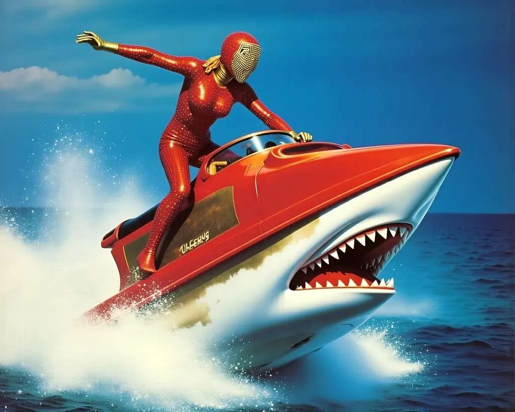 Prompt: female Luchador wrestler (dressed in full body luchador costume with full face luchador mask) riding a  sparkly jet ski, jumping over a huge shark   faded photo, lens flare, wide angle, dynamic pose , retro futurism