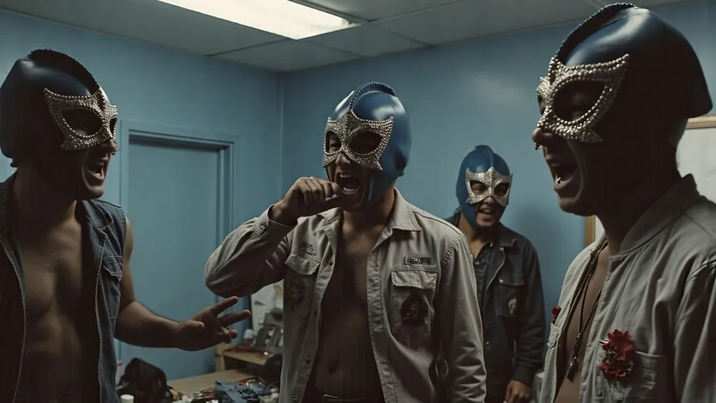 Prompt: a small group (no more than 4 people) luchadores wrestlers (dresses in  themed luchador costume, masks and bodysuits) screaming at each other , dynamic  scene. people look very upset, and angry  in a florescent lit room, with a 1980's simple brutalist design aesthetic. 
8K , super detailed . in a 1980's indie cinematic look, faded winter color theme.
photograph, grainy film look fully masked luchador in sparkly costumes .a small group (no more than 4 people) luchadores wrestlers. screaming at each other , dynamic  scene. people look very upset. with a 1980's simple brutalist design aesthetic.