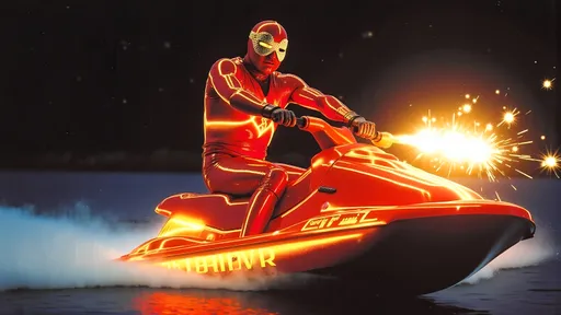 Prompt: Luchador wrestler (dressed in full body luchador costume with full face luchador mask) riding a  sparkly jet ski  holding a flare in one hand , faded photo, lens flare, wide angle, dynamic pose 