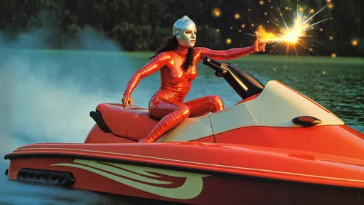 Prompt: female Luchador wrestler (dressed in full body luchador costume with full face luchador mask) riding a  sparkly jet ski  holding a flare in one hand , faded photo, lens flare, wide angle, dynamic pose 