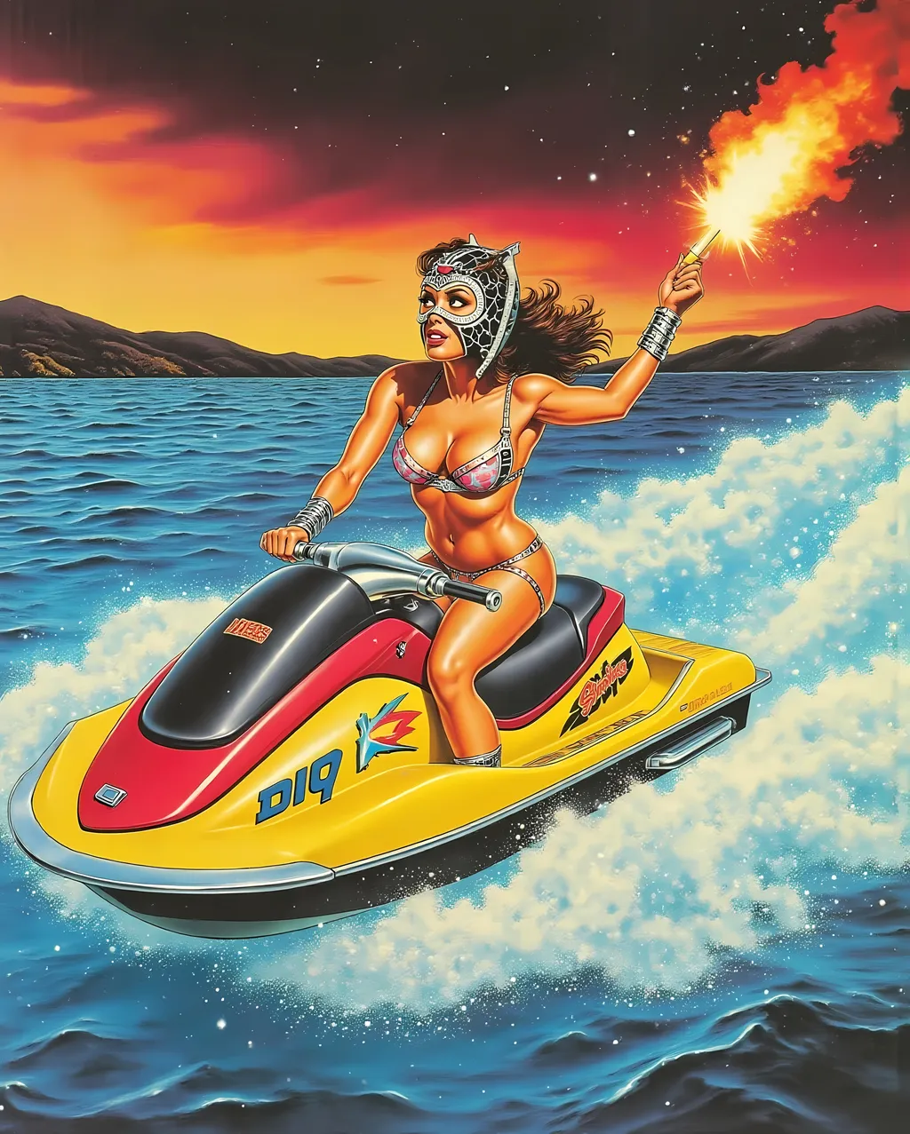 Prompt: female Luchador wrestler (dressed in full body luchador costume with full face luchador mask) riding a jet ski  holding a flare in one hand , in a hand drawn vintage Japanese tattoo style.