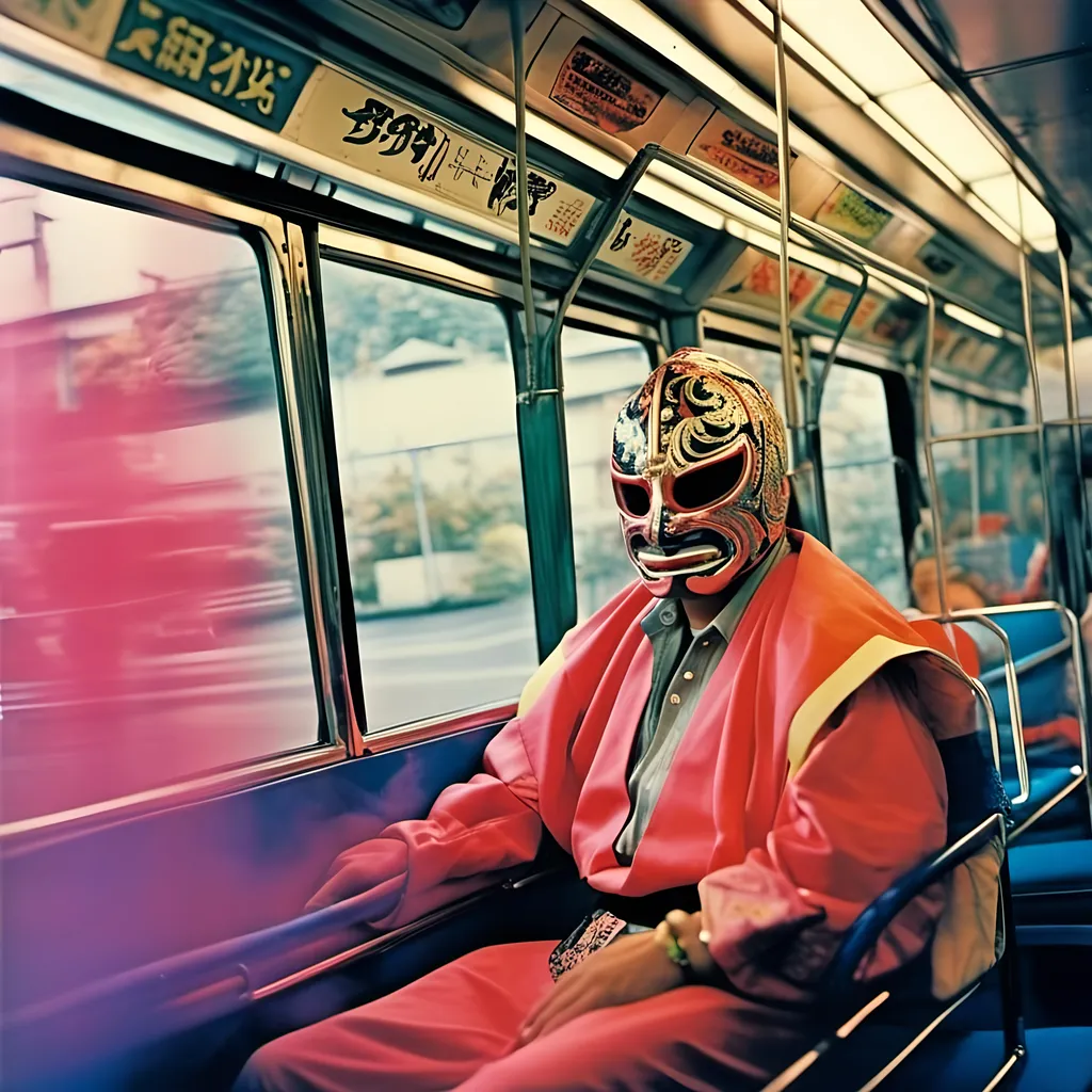 Prompt: <mymodel>  photo , film 
 luchador fighter on the bus in kyoto
, faded photo, light leak, film burn ,fish eye lens, wide lens, 8m"m lens, lens 
tilt and shift effect