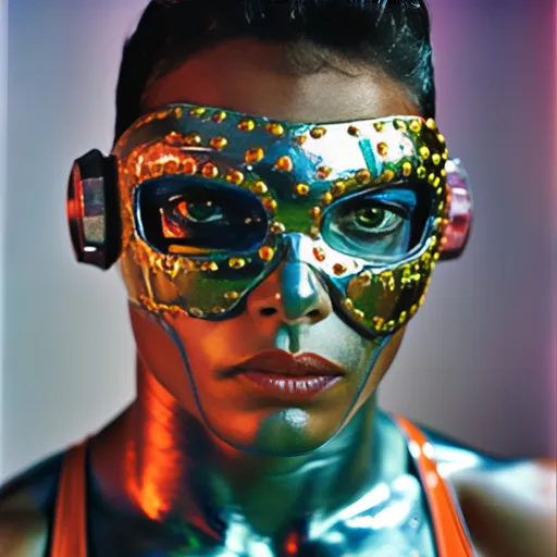 Prompt: luchador fighter , full body ,wearing sparkly bodysuit which is covered with  plastic groggily eyes . retrofuturism, Ekta chrome photograph, a colorized photo , expressionism groggily eyes, groggily eyes