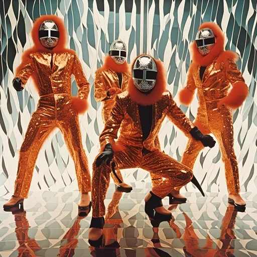 Prompt: <mymodel>  luchador fighters dressed in silver and dark orange  sparkly fur  jacket and mask and bodysuit dancing , faded photo ,fish eye lens, wide lens, 8m"m lens, 