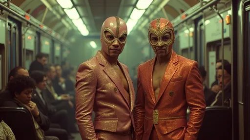 Prompt: masked female and male  luchadores wrestlers dressed in sparkly suit made   in a subway train that is packed with passengers in rush-hour , vintage photo, sparkly dreamy aesthetic, low-fidelity, (Kodachrome) colorized photo, (analog photography), Afrofuturism elements, dynamic poses, surreal and whimsical atmosphere, richly textured backdrop
