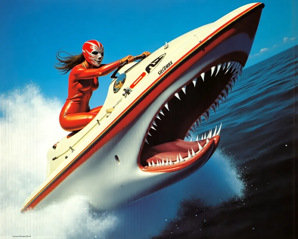 Prompt: female Luchador wrestler (dressed in full body luchador costume with full face luchador mask) riding a  sparkly jet ski, jumping over a huge shark   faded photo, lens flare, wide angle, dynamic pose , retro futurism