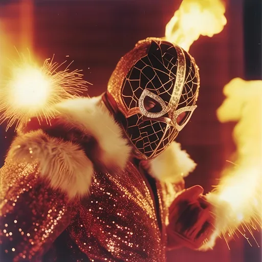 Prompt: <mymodel>  photo , film , flash .
night shot, flash luchador fighter dressed in  merlot and gold and white sparkly fur  jacket and mask and bodysuit spitting fire , faded photo, light leak, film burn, flash ,fish eye lens, wide lens, 8m"m lens, lens flare, polaroid, high contrast, low angle