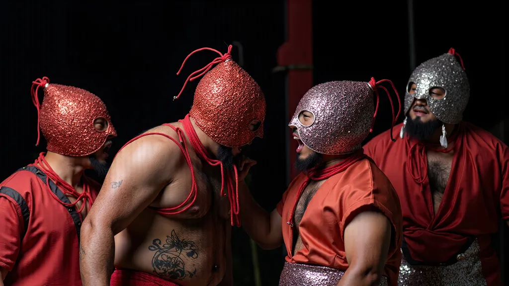 Prompt: a small group (no more than 4 people) luchadores wrestlers (dresses in  themed luchador costume, masks and bodysuits) screaming at each other , dynamic  scene. people look very upset, and angry  
photograph, grainy film look fully masked luchador in sparkly costumes .a small group (no more than 4 people) luchadores wrestlers. screaming at each other , dynamic  scene. people look very upset. with a 1980's simple brutalist design aesthetic., whimsical atmosphere, playful and lively, ultra-detailed, HD, , surreal and fun setting, capturing a magical moment of playfulness and nostalgia, visually striking tableau.