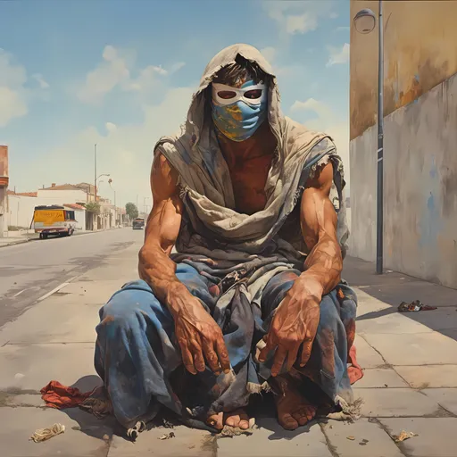 Prompt: <mymodel> homeless masked luchador fighter wearing many layers of dirty cloths , sitting in a street corner
