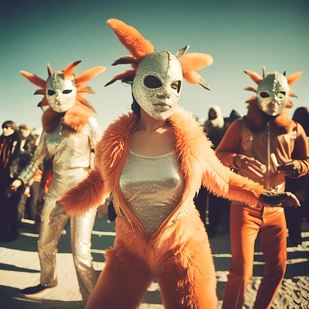 Prompt: <mymodel>   luchador fighters dressed in silver and dark orange  sparkly fur  jacket and mask and bodysuit dancing , faded photo, light leak, film burn ,fish eye lens, wide lens, 8m"m lens, lens flare