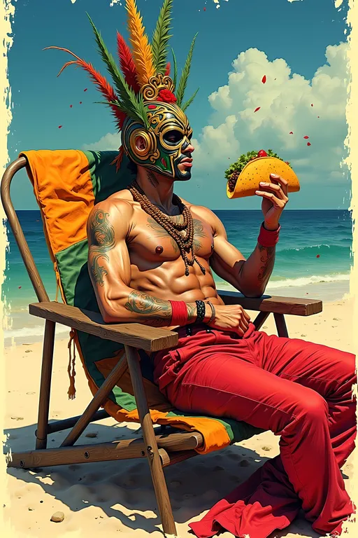 Prompt: Luchador wrestler, dressed in vibrant full-body costume and intricate full-face luchador mask, lounging comfortably on a colorful beach chair, holding a large taco .captivating vintage Japanese tattoo style.