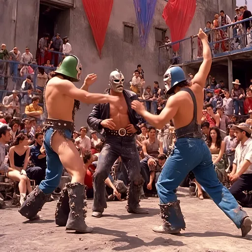 Prompt: <mymodel> luchador fighters dancing  on a movie set