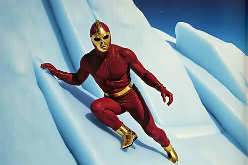 Prompt: masked  luchador wrestler in dark red and gold sparkly  bodysuit   ice climbing a mountain.
retrofuturism style , photography 