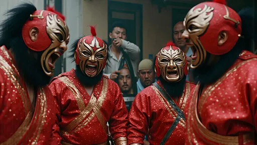 Prompt: a small group (no more than 4 people) luchadores wrestlers (dresses in  themed luchador costume, masks and bodysuits) screaming at each other , dynamic  scene. people look very upset, and angry  
photograph, grainy film look fully masked luchador in sparkly costumes .a small group (no more than 4 people) luchadores wrestlers. screaming at each other , dynamic  scene. people look very upset. with a 1980's simple brutalist design aesthetic., whimsical atmosphere, playful and lively, ultra-detailed, HD, , surreal and fun setting, capturing a magical moment of playfulness and nostalgia, visually striking tableau.