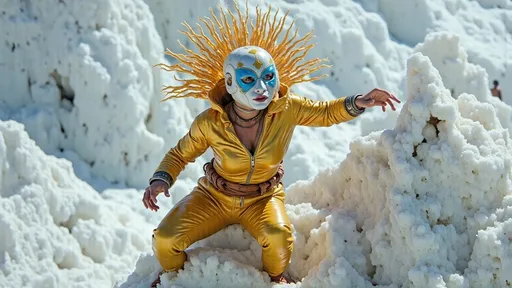 Prompt: masked  luchador wrestler in bodysuit made of corn  ice climbing a mountain.
retrofuturism style 