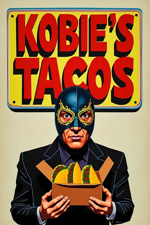 Prompt: Create a movie poster titled- "KOBIE'S TACOS' in 60s Style Movie Poster with  Mexican punk esthetic , masked 
 luchador with exaggerated expression, holding a small brown box with three  tacos in it. large  sign "KOBIE'S TACOS"  in the background.
