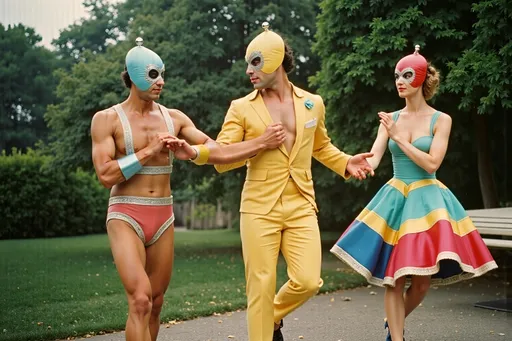 Prompt: masked male and female  luchadores wrestlers in a vintage 1950 garden scene, dancing in 1950s swing style suits. wearing 1950s fashion made of corn, Lomography 