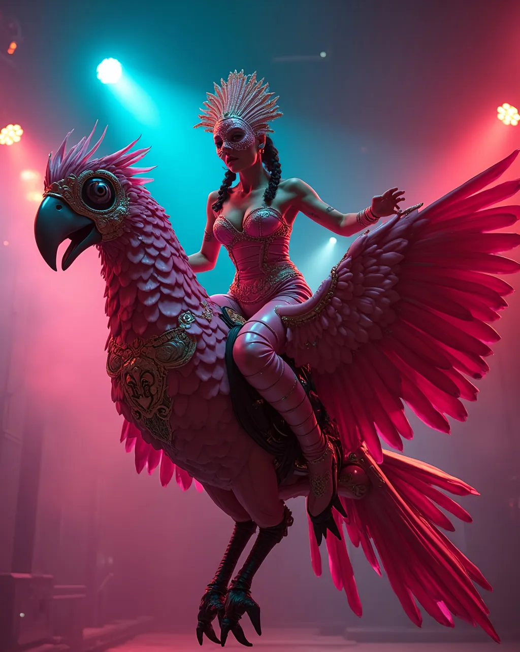 Prompt: female Luchador wrestler (dressed in full body luchador costume with full face luchador mask) riding  a huge mechanical  fling parrot  with neon lights  , lens flare, wide angle, dynamic pose , retro futurism
