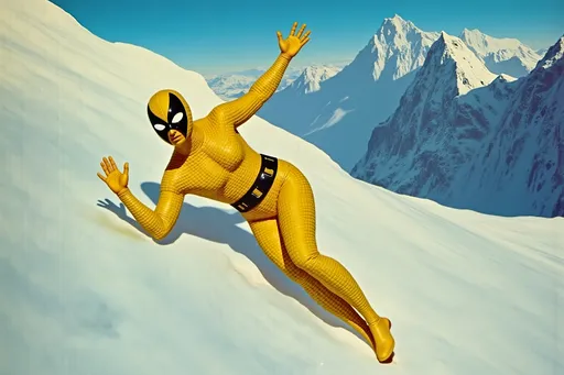 Prompt: masked  luchador wrestler in bodysuit made of corn  ice climbing a mountain.
retrofuturism style 