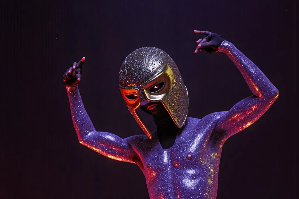 Prompt: masked  luchador wrestler in  sparkly  bodysuit   doing parkour 
retrofuturism style , photography  