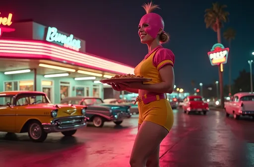 Prompt: (Beautiful 1960s masked luchador  on roller skates), mid-century style space-age architecture, bringing a tray of food to a customer, (vibrant pink and yellow uniform), (plump curvy figure), long shapely legs, lively atmosphere, retro decor, Los Angeles drive-in, joyful expressions, nighttime scene, bright neon lights, soft fluorescent lighting, ultra-detailed, 8k resolution, photorealistic, dynamic composition, high quality, nostalgic charm, classic 1960s cars in background.