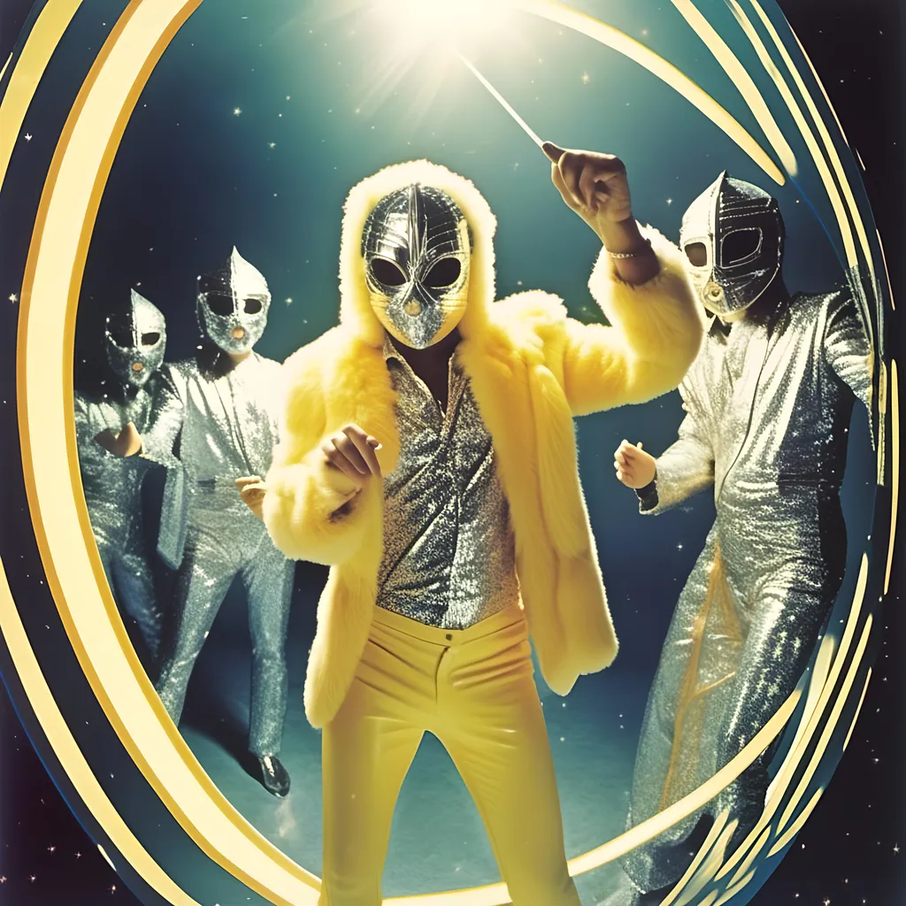 Prompt: <mymodel>  26  luchadores fighters dressed in silver and yellow sparkly fur  jacket and mask and bodysuit playing darts , faded photo, light leak, film burn ,fish eye lens, wide lens, 8m"m lens, lens flare