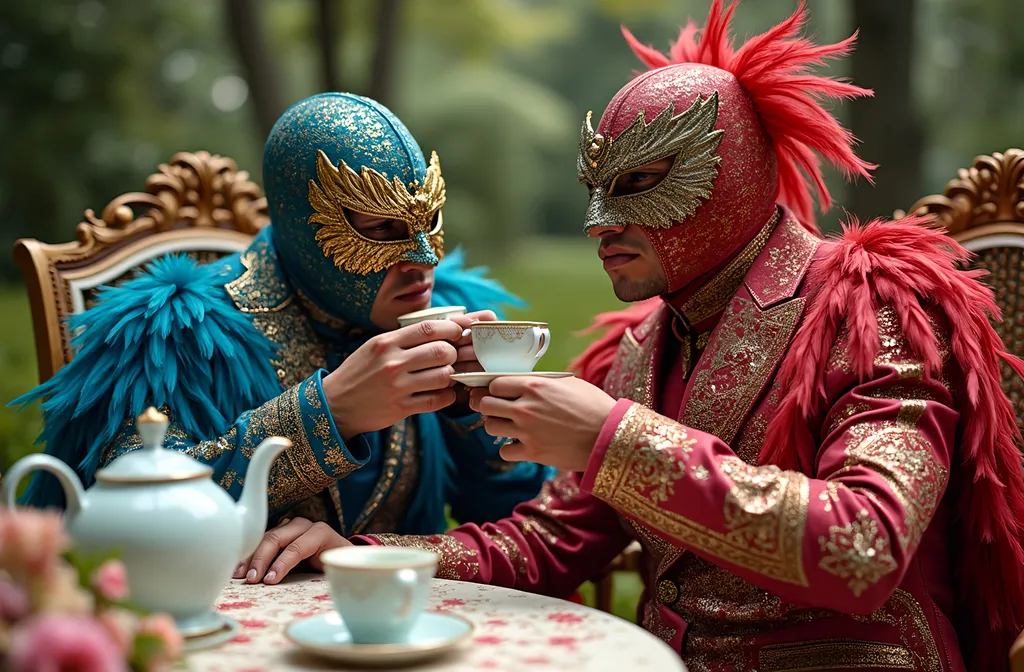 Prompt:  2 masked luchador dressed colorful sparkly feathered  suit, drinking tea  in a fancy garden