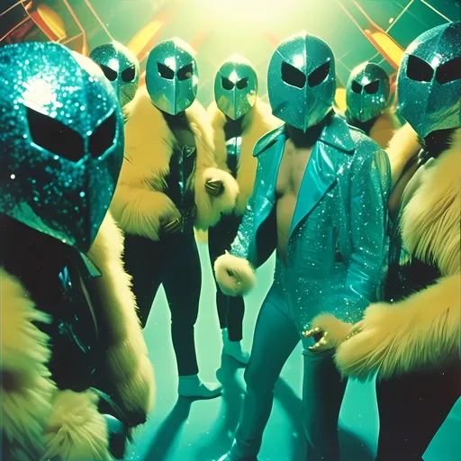 Prompt: <mymodel>   luchador fighters dressed in teal and dark yellow  sparkly fur  jacket and mask and bodysuit dancing , faded photo, light leak, film burn ,fish eye lens, wide lens, 8m"m lens, lens flare