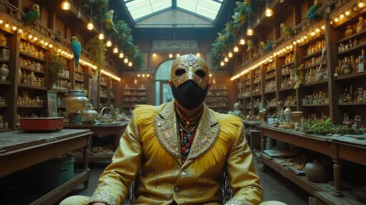 Prompt: a cinematic longshot scene taking place in a vintage atrium full with hundreds of  parrots . a luchador siting alone in the store (he is wearing very elaborate luchador costume with jewels and feathers with full face luchador mask).  Ekta chrome photograph, a colorized photo, low-fidelity dreamy aesthetic, flare, analog photography 
