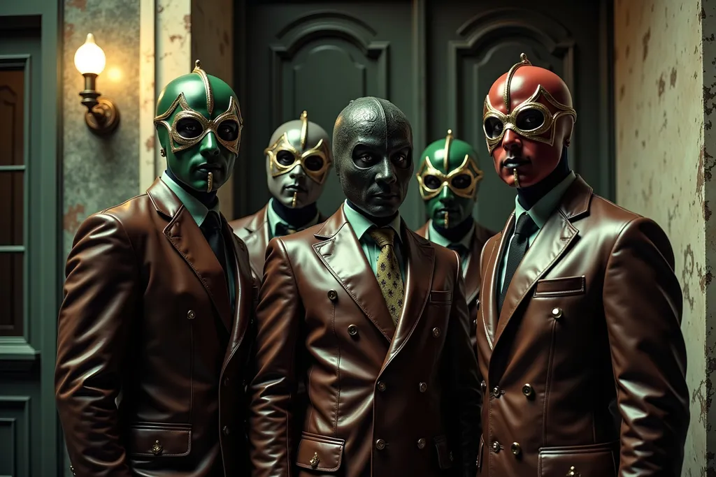 Prompt: group of masked luchadores wrestlers in a vintage 1950 jail, photography 