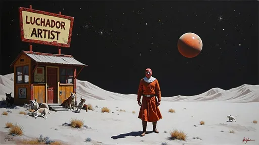 Prompt:  a moon landscape with on lonely masked luchador (in a full sparkly luchador costume) on the horizon- one lonely building  with a  vintage and dirty sign on the roof  the says- correctly spelling "Luchador Artist" in the distance on surface of the moon itself , far away a planet floating in the background.