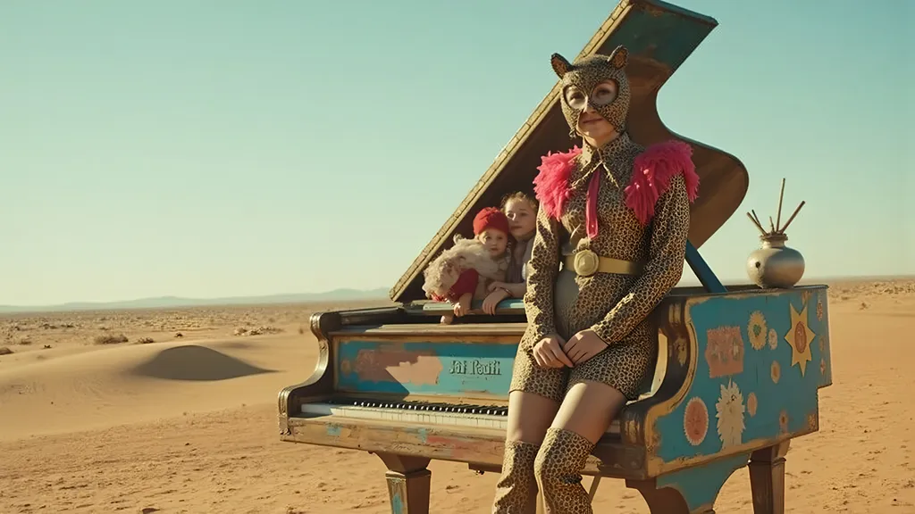 Prompt: masked female luchador (dressed in full luchador costume with mask and sparkly details) in colorful, sparkly costume and mask, standing on top of a colorful  grand piano in the middle of the desert , whimsical atmosphere, playful and lively, ultra-detailed, HD, , surreal and fun setting, capturing a magical moment of playfulness and nostalgia, visually striking tableau. 
