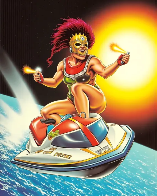 Prompt: female Luchador wrestler (dressed in full body luchador costume with full face luchador mask) riding a jet ski  holding a flare in one hand , in a hand drawn vintage Japanese tattoo style.