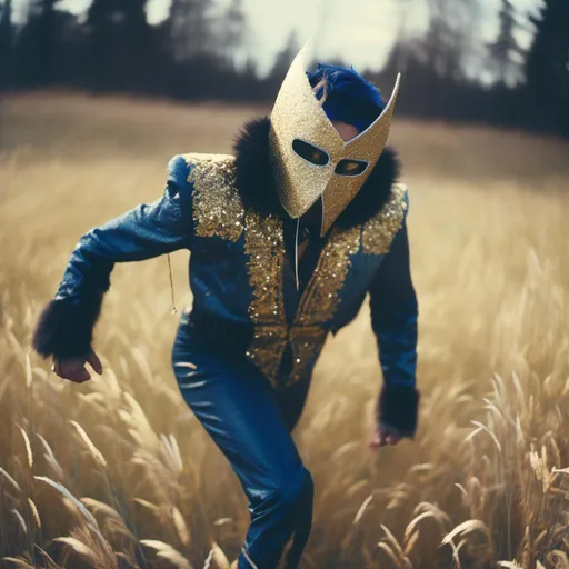 Prompt: <mymodel>  photo , film  luchador fighter dressed in dark blue   and gold and black sparkly fur  jacket and mask and bodysuit dancing and jumping  in a field , faded photo, light leak, film burn ,fish eye lens, wide lens, 8m"m lens, lens flare