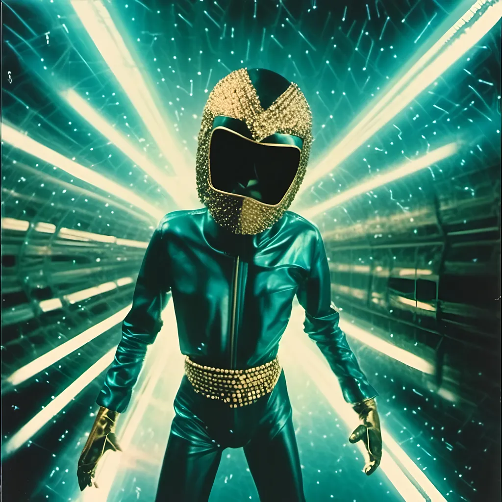 Prompt: <mymodel>  night shot, flash luchador fighter dressed in  dark teal gold sparkly fur  jacket and mask and bodysuit pumping gas
retrofuturism, faded photo, light leak, film burn, flash ,fish eye lens, wide lens, 8m"m lens, lens flare, polaroid, high contrast, low angle, motion blur, slow shutter