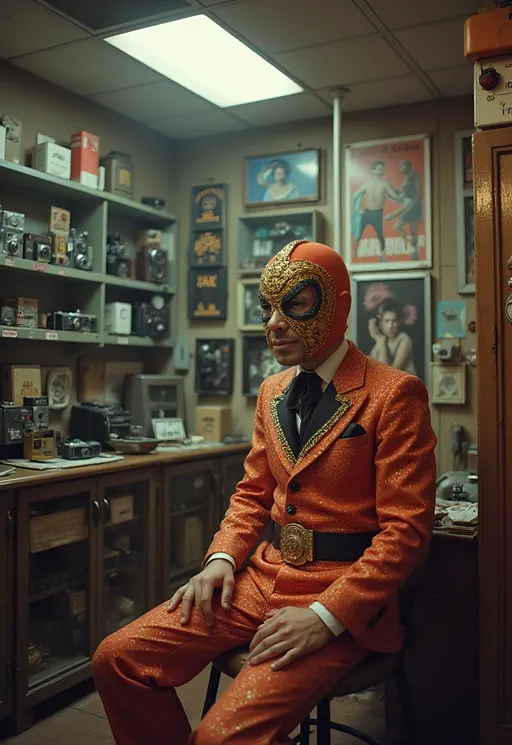 Prompt: a cinematic longshot scene taking place in a vintage camera shop. the walls are full of cabinets with old and vintage camera equipment and also vintage luchador wrestling posters . a luchador siting alone in the store (he is wearing very elaborate luchador costume with full face luchador mask).  Ekta chrome photograph, a colorized photo, low-fidelity dreamy aesthetic, flare, analog photography 
