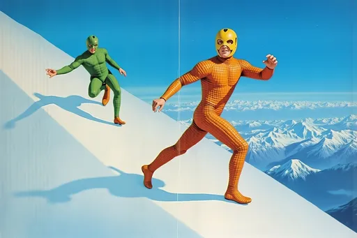 Prompt: masked  luchador wrestler in bodysuit made of corn  ice climbing a mountain.
retrofuturism style 