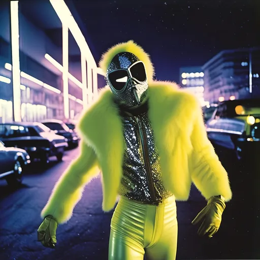 Prompt: <mymodel>  night shot, flash luchador fighter dressed in  dark neon yellow silver sparkly fur  jacket and mask and bodysuit pumping gas
retrofuturism, faded photo, light leak, film burn, flash ,fish eye lens, wide lens, 8m"m lens, lens flare, polaroid, high contrast, low angle, motion blur, slow shutter