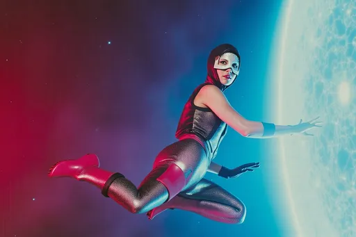 Prompt: female masked  luchador wrestler in  sparkly  bodysuit   sky diving
retrofuturism style , photography 